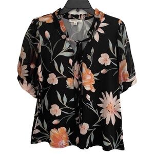 Perseption Concept Women Floral Blouse Size XL Black Yellow Peach Spring.